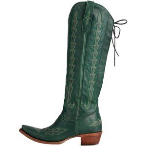 ⚡Women's Green Knee High Wide Calf Lace Up Embroidered Cowgirl Boots Pull On